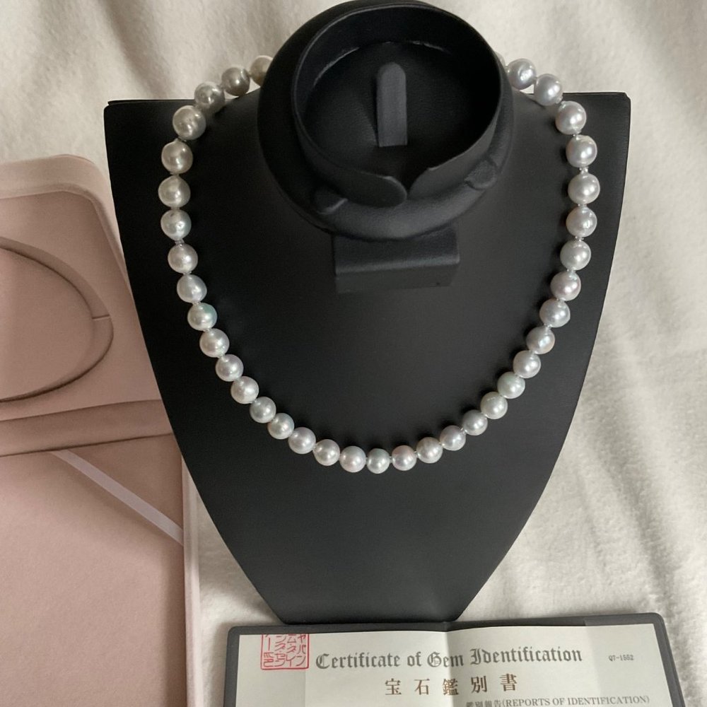 NWB 9.5-10mm AA Genuine Akoya silver blue Baroque Pearl Necklace17in Certificate